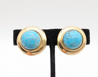 Vintage Gold Tone & Glass Turquoise Clip Earrings