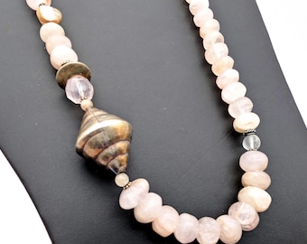 Beaded Rose Quartz Necklace, Silver Plated - 22"