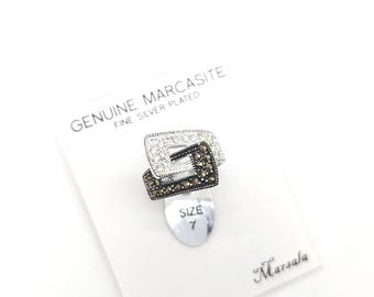 Old Stock Silver Plated Marcasite Statement Ring by Marsala - Size 7