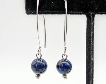 Sterling Silver Blue Tiger's Eye Bead Earrings; Dangle, Threader Wires