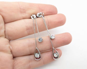Vintage Lia Sophia Silver Tone "Hidden Secret 2-Part Crystal Drop Earrings - 2.5"