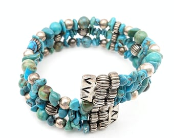 Vintage Carolyn Pollack Turquoise & Sterling Silver Memory Wire Beaded Wrap Bracelet
