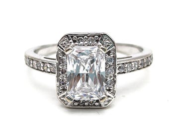 Vintage 14K White Gold 1.5 Carat Emerald Cut CZ Solitaire Engagement Ring - Size 4.75