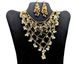 Vintage AB Crystal Dangle Bib Necklace & Dangle Earrings Set