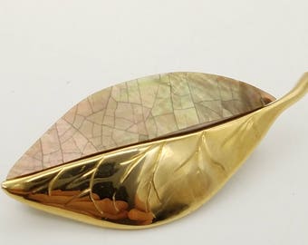 Vintage Signed Liz Claiborne Gold & Brown Pearlized Dual-Textured Leaf Brooch
