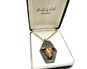 Old Stock 14K Gold Plated Pewter Bull Head Pendant Necklace, Jewels by Carl