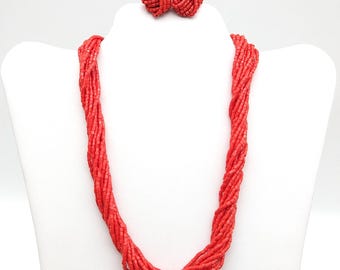 Bright Red Glass Seed Bead Necklace & Stud Earrings Set