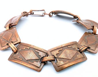 Navajo Style Etched Copper Link Bracelet - 7.5"