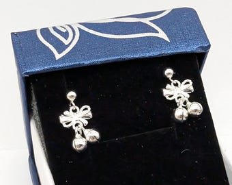 Sterling Silver Holiday Bell Dangle Earrings, Christmas Bow