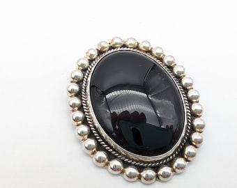 Large Vintage Taxco Sterling Silver & Onyx Pendant/Brooch Signed TO-49 - 2.25"
