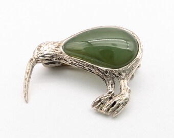 Tiny Vintage Sterling Silver & Jade Kiwi Bird Pin - 3/4"