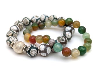 2 Vintage Beaded Stone & Silver Stretch Bracelets