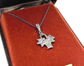 Sterling Silver & Marcasite Flower Basket Pendant Necklace - 18" Theda