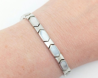 Vintage Sterling Silver & Mother of Pearl Link Bracelet - 7.25"