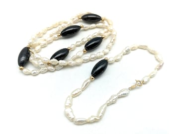 Vintage Rice Pearl, Black Onyx and 14k Gold Beaded Necklace & Bracelet Set