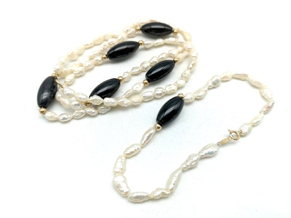 Vintage Rice Pearl, Black Onyx and 14k Gold Beade… - image 3