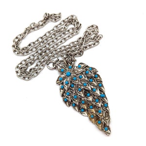 Vintage Silver Tone & Faux Turquoise Feather Necklace - 24&quot;