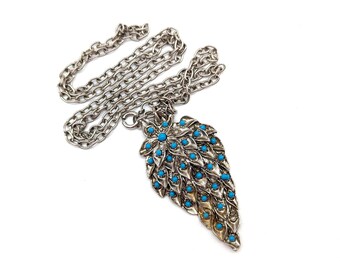 Vintage Silver Tone & Faux Turquoise Feather Necklace - 24"