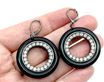 Vintage Kenneth J. Lane Rhinestone Studded Black Lucite Circle Gunmetal Dangle Earrings - 1.5"