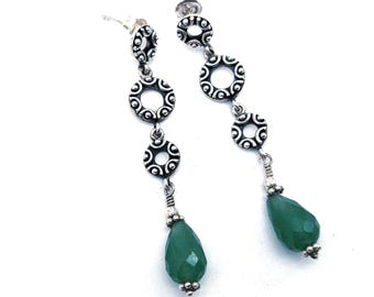 Briolette Cut Green Aventurine Quartz Sterling Silver Dangle Earrings