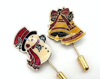 Set of 2 Vintage Enameled Holiday Lapel Pins - Snowman & Bells