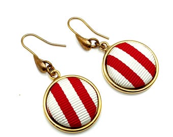 Vintage Red & White Stripped Circle Dangle Earrings - 1.5"