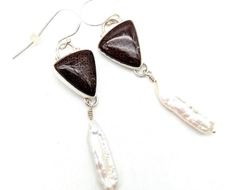 Spotted Brown Jasper, Baroque Pearl & Sterling Silver Dangle Earrings