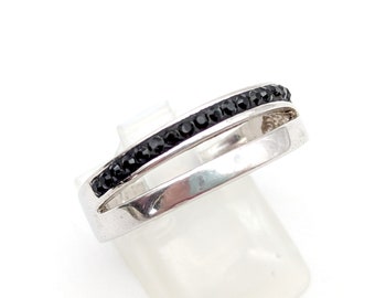 Vintage Sterling Silver & Black Swarovski Crystal Double Band Ring - Size 9