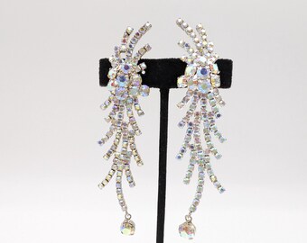 Long Silver Plated & AB Rhinestone Statement Clip-On Earrings - 4.25"