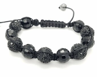Pave Rhinestone & Faceted Black Onyx Adjustable Bracelet