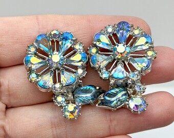 1950's Hollycraft Blue AB Rhinestone Floral Clip Earrings - 1 3/8"