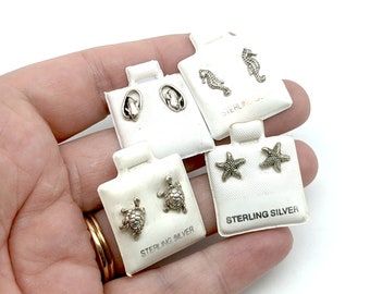 Small  Sterling Silver Sea Life Stud Earrings; Dolphin, Turtle, Seahorse or Starfish
