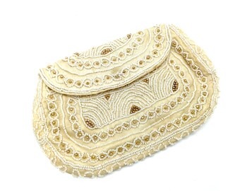 Vintage Faux Pearl Beaded Ivory Satin Clutch