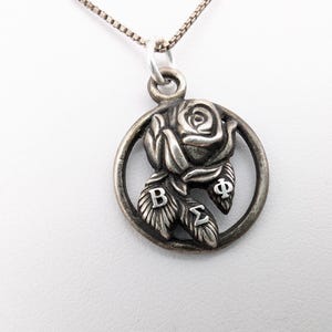 1960&#39;s Beta Sigma Phi Sterling Silver Rose Pendant Necklace - 16.5&quot;