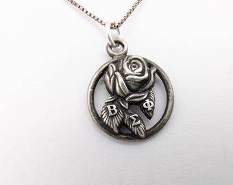 1960's Beta Sigma Phi Sterling Silver Rose Pendant Necklace - 16.5"