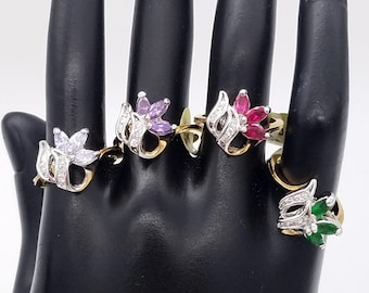 New Old Stock 14K Gold Plated & CZ Floral Spray Cocktail Ring