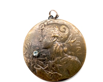 Antique Art Nouveau Cameo Style Brass Pendant