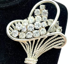 Coro  Rhinestone & Silvertone Flower Basket Brooch