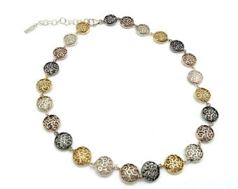 Four-Color Sterling Silver, Gold Vermeil Viorelli Link Necklace - 16-18" Adjustable