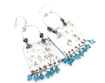 Artisan Blue Apatite & Hammered Sterling Silver Dangle Estate Earrings