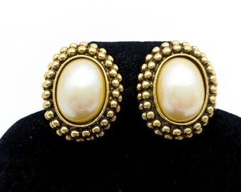 Yves Saint Laurent Gold & Cabochon Faux Pearl Clip on Earrings Signed YSL