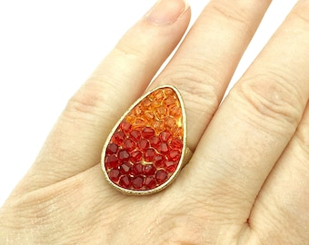 Sunset Shades of Red & Orange Cluster Costume Stretch Ring -  Fits 7.5 to 12