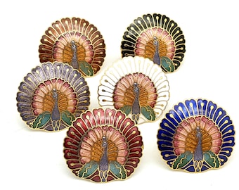 Old Stock Cloisonné Peacock Gold Tone Scarf Clip