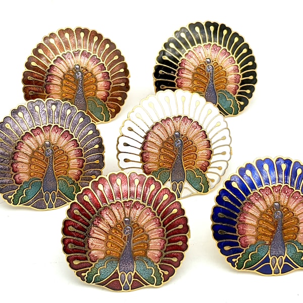 Old Stock Cloisonné Peacock Gold Tone Scarf Clip