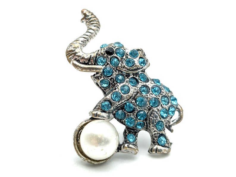 Vintage Adjustable Blue Enamel Rhinestone /& Faux Pearl Elephant Ring