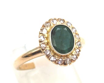 Antique Arabic 14K Gold Natural Emerald & Rose Cut Diamond Ring - Size 6.5, Resizeable