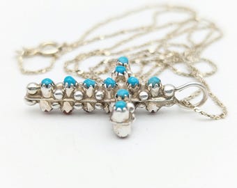 Reversible Turquoise &  Coral Sterling Silver Petit Point Cross Pendant Necklace -