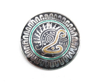 Vintage Castelan Sterling Silver Enamel Mayan Brooch/Pendant