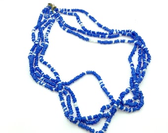 Vintage 4 Strand Blue & White Glass Bead Necklace - 28"