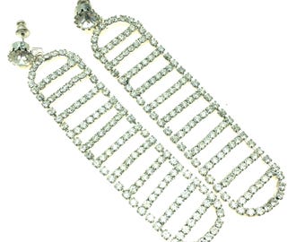 Vintage Silver Tone & Rhinestone Dangle Prom / Wedding Earrings
